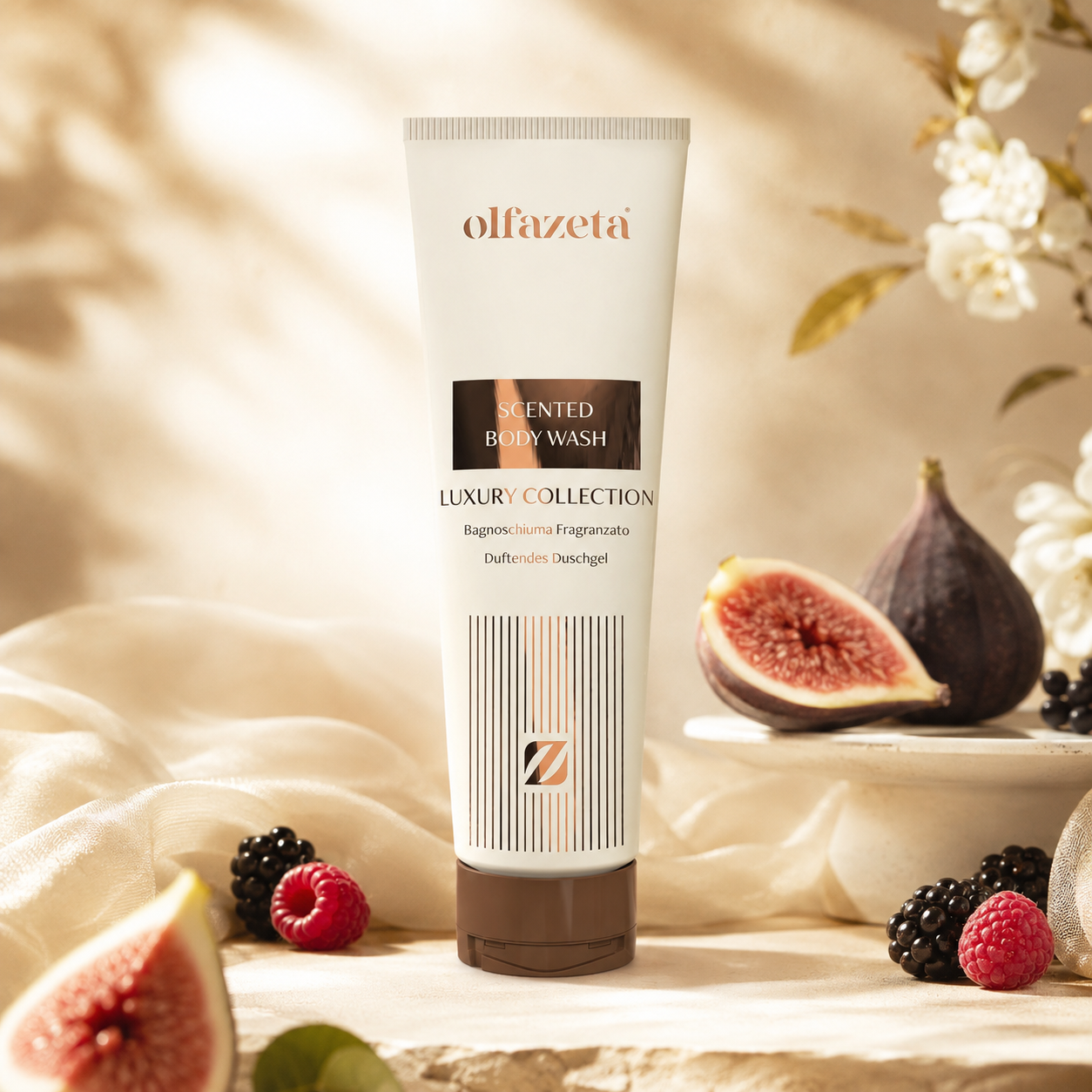 Olfazeta Duschgel No. 129 mit Pfirsich, Beeren und Blüten in heller Produktinszenierung