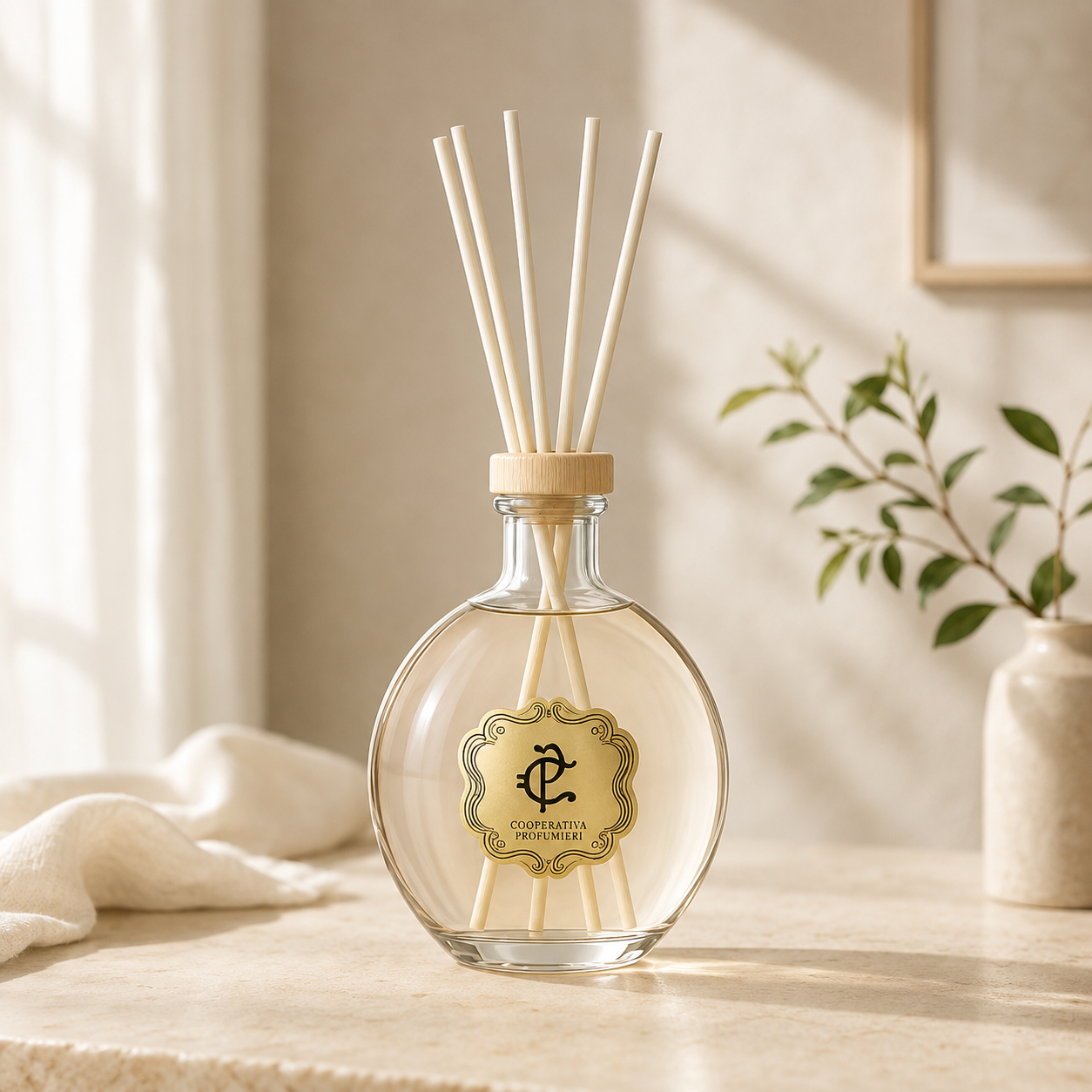 Cooperativa Profumieri Bacchus Symphonies Diffuser mit Holzstäbchen in heller Wohnszene