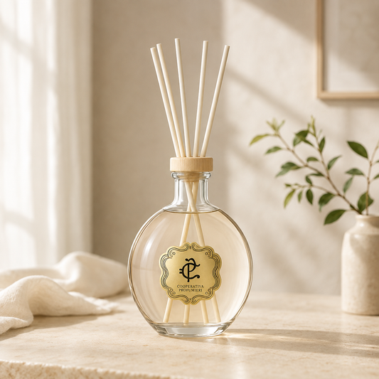 Cooperativa Profumieri Bacchus Symphonies Diffuser mit Holzstäbchen in heller Wohnszene