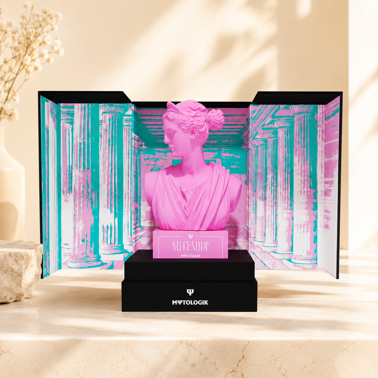 Mythologik Artemide Parfüm mit rosa Büste und türkisfarbener Kulisse