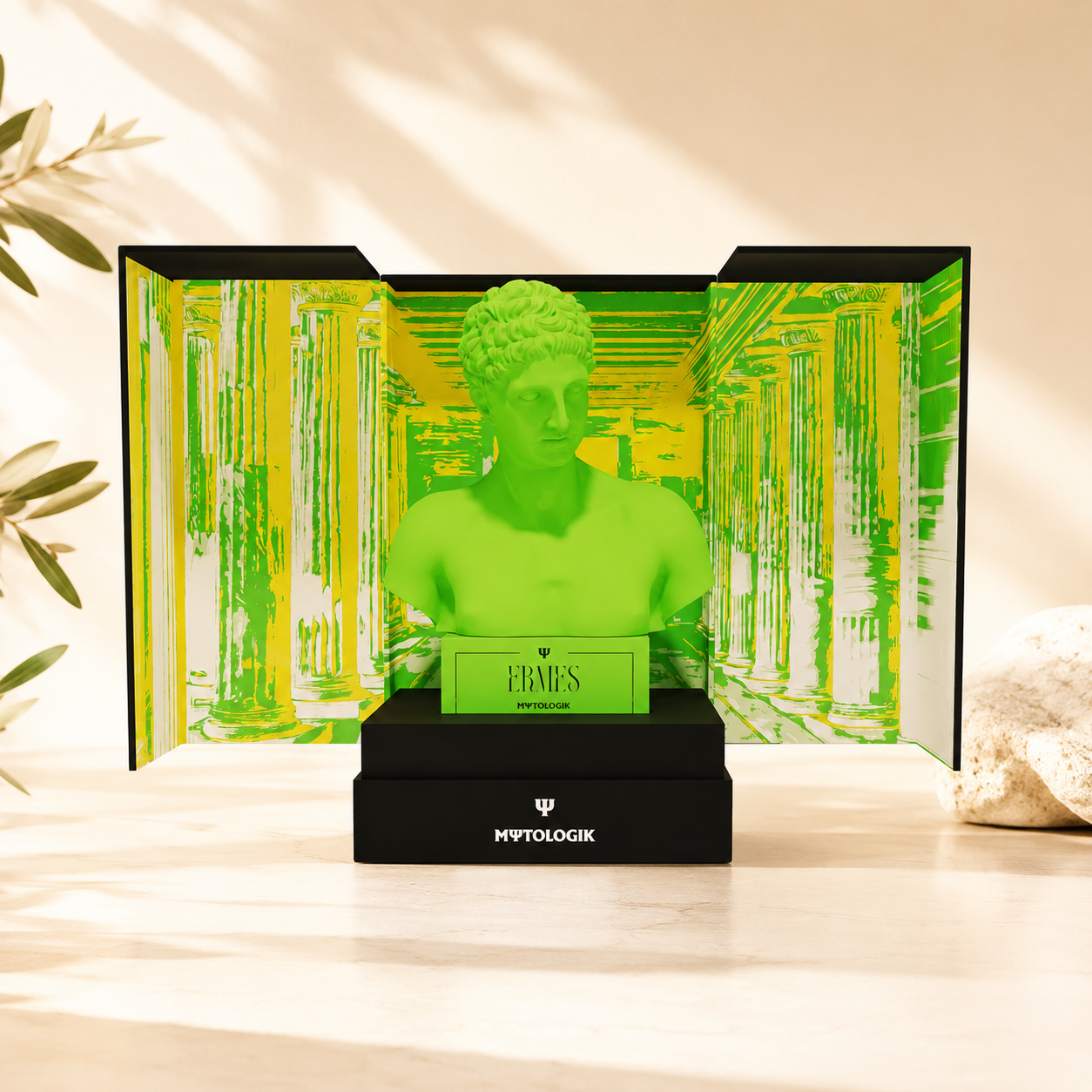 Mythologik Ermes Parfüm mit grüner Büste und gelb-grüner Kulisse