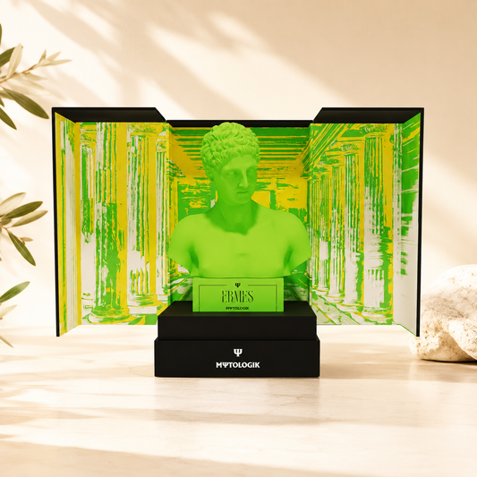 Mythologik Ermes Parfüm mit grüner Büste und gelb-grüner Kulisse