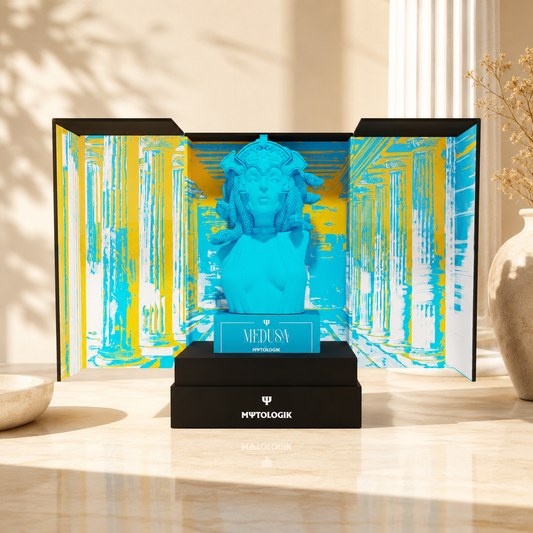 Mythologik Medusa Parfüm mit blauer Büste und gelb-türkiser Kulisse