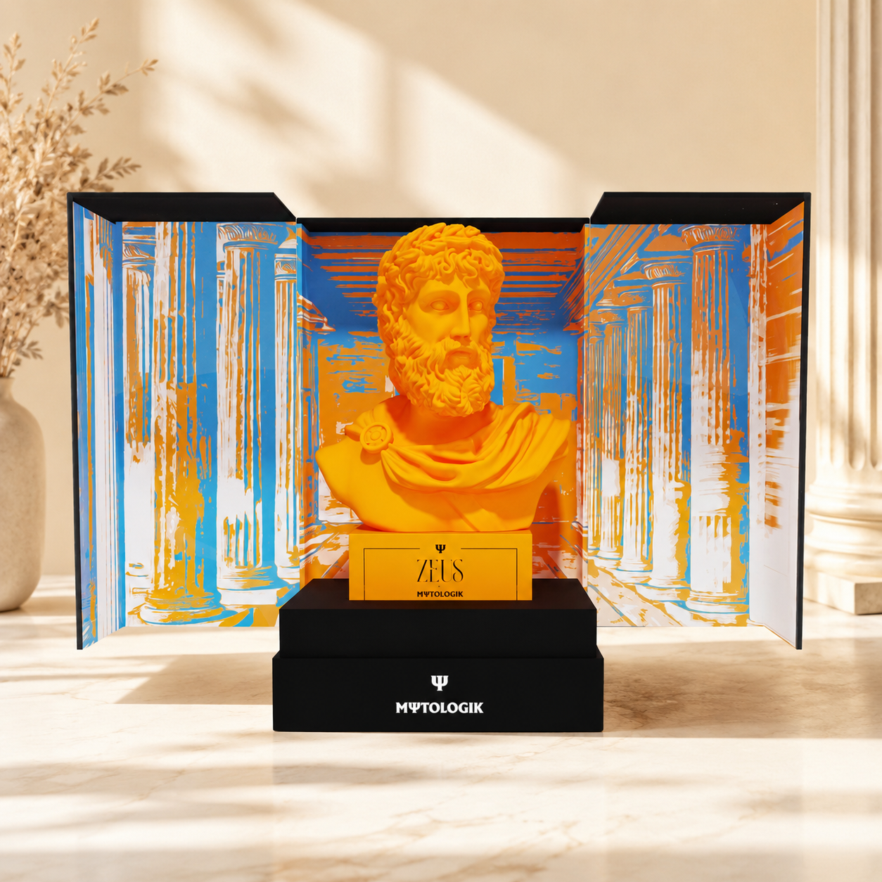 Mythologik Zeus Parfüm mit orangefarbener Büste und blau-goldener Kulisse
