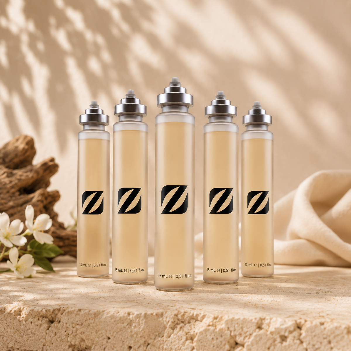 Fünf Olfazeta 15-ml-Parfümflakons mit silbernen Sprühköpfen in heller Produktinszenierung