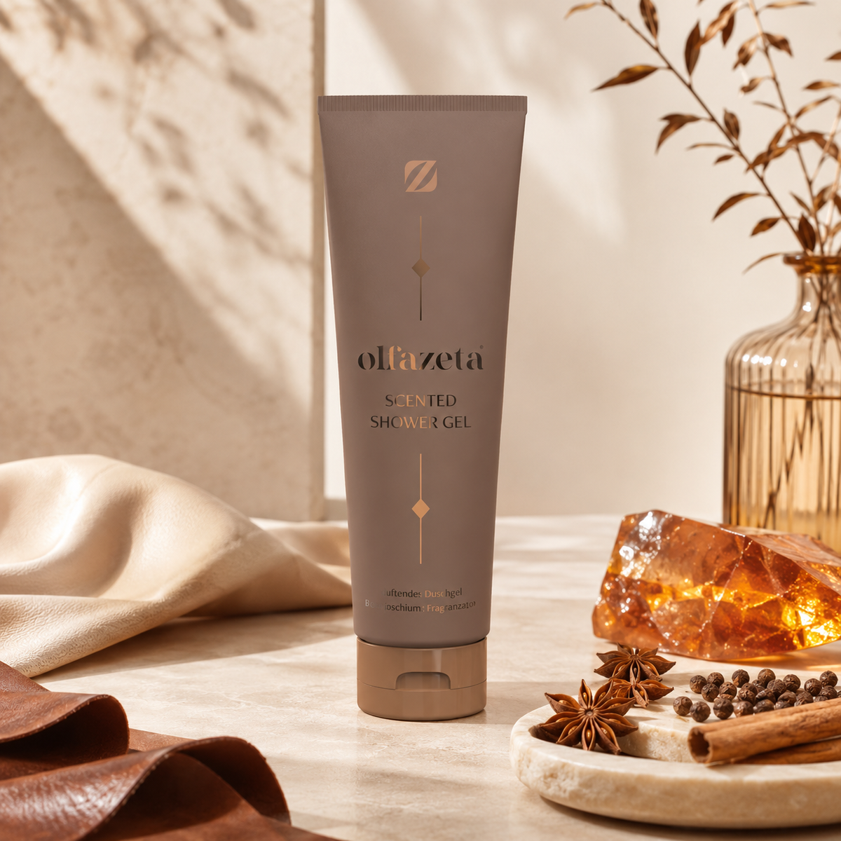 Olfazeta Duschgel No. 001 mit Leder, Gewürzen und Amber in heller Produktinszenierung