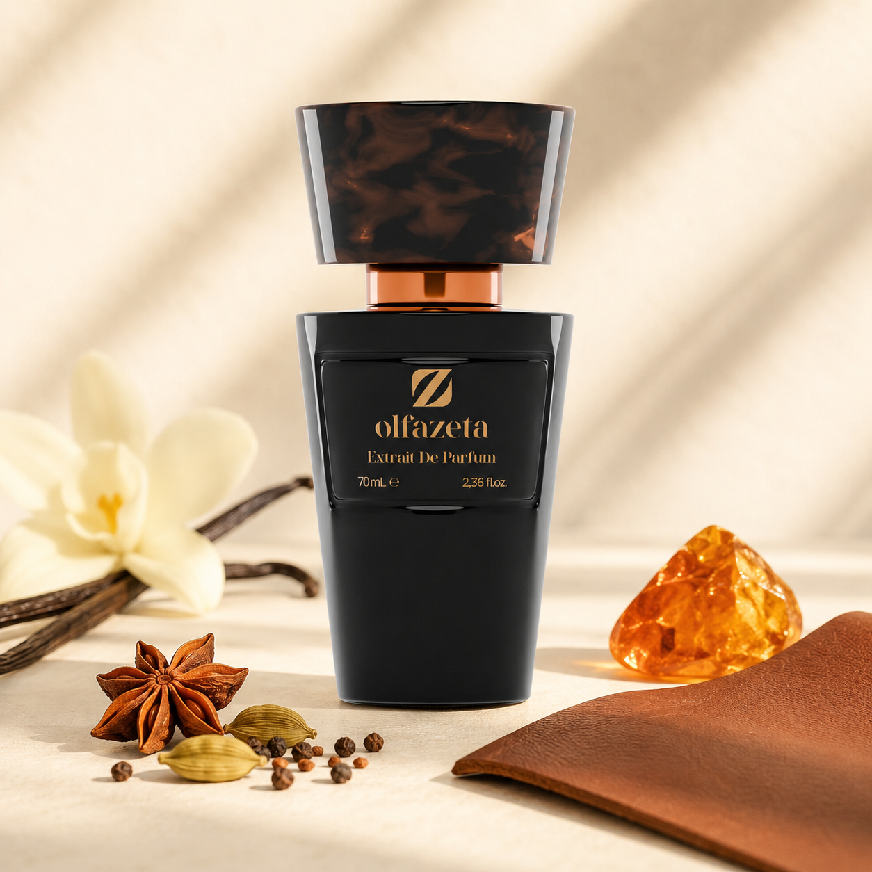 Olfazeta Parfüm No. 001 mit Leder, Gewürzen und Amber in heller Produktinszenierung
