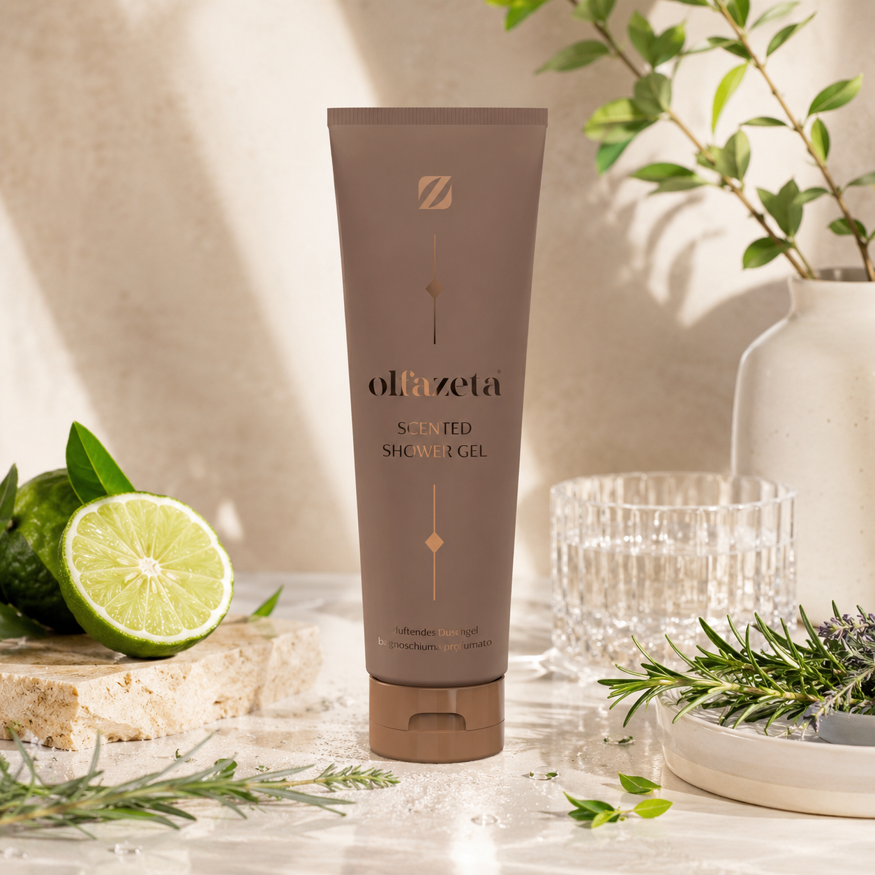 Olfazeta Duschgel No. 002 mit Zitrone, Limette und grünen Kräutern in heller Produktinszenierung