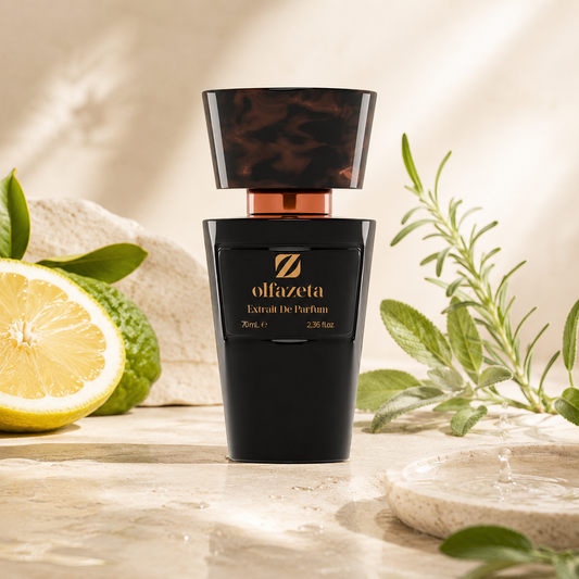 Olfazeta Parfüm No. 002 mit Zitrone, Limette und grünen Kräutern in heller Produktinszenierung