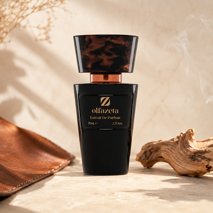 Olfazeta Parfüm No. 003 mit Leder, Holz und dezentem Rauch in heller Produktinszenierung