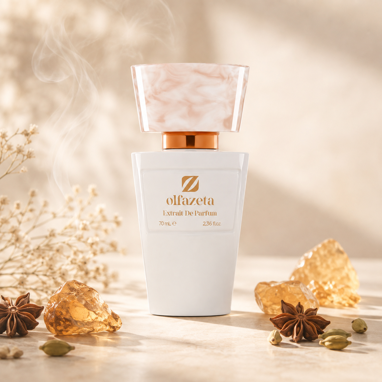 Olfazeta Parfüm No. 006 mit Amber und Gewürzen in heller Produktinszenierung