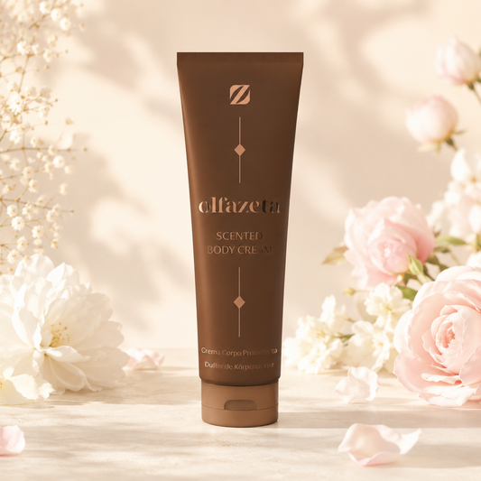 Olfazeta Körpercreme No. 007 mit rosa und weißen Blüten in heller Produktinszenierung