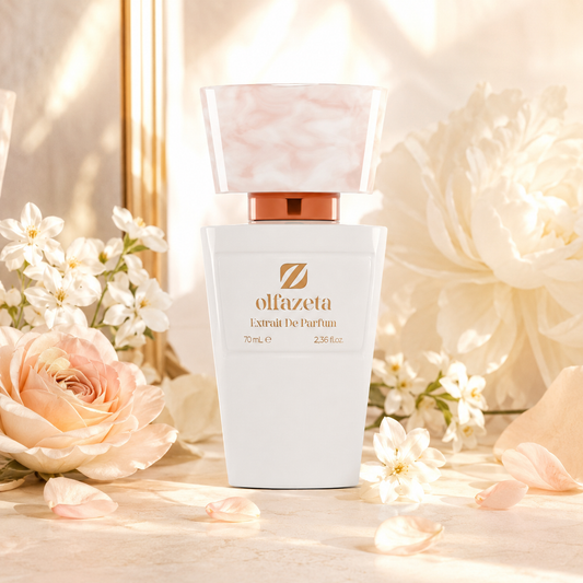 Olfazeta Parfüm No. 007 mit rosa und weißen Blüten in heller Produktinszenierung