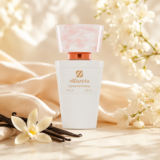 Olfazeta Parfüm No. 014 mit Vanilleschoten und weißen Blüten in heller Produktinszenierung