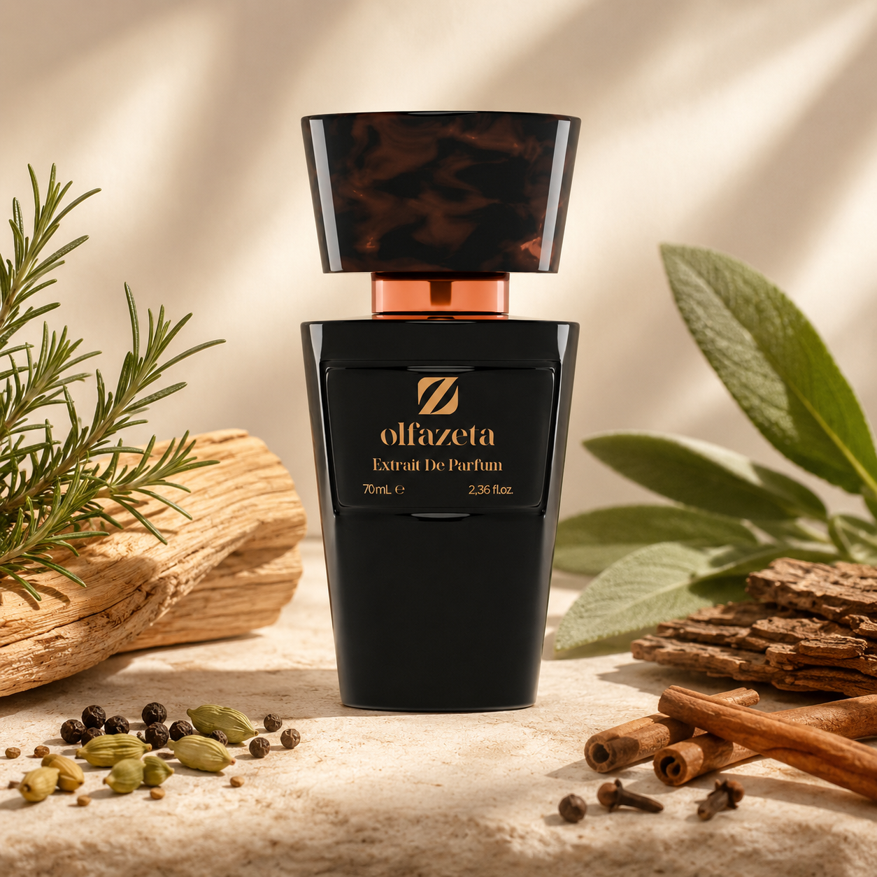 Olfazeta Parfüm No. 015 mit Rosmarin, Holz und Gewürzen in heller Produktinszenierung