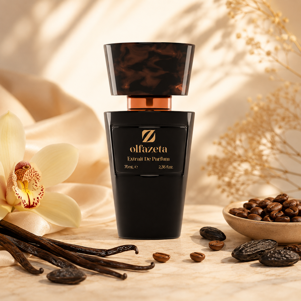 Olfazeta Parfüm No. 016 mit Vanille, Kaffee und Tonkabohnen in heller Produktinszenierung
