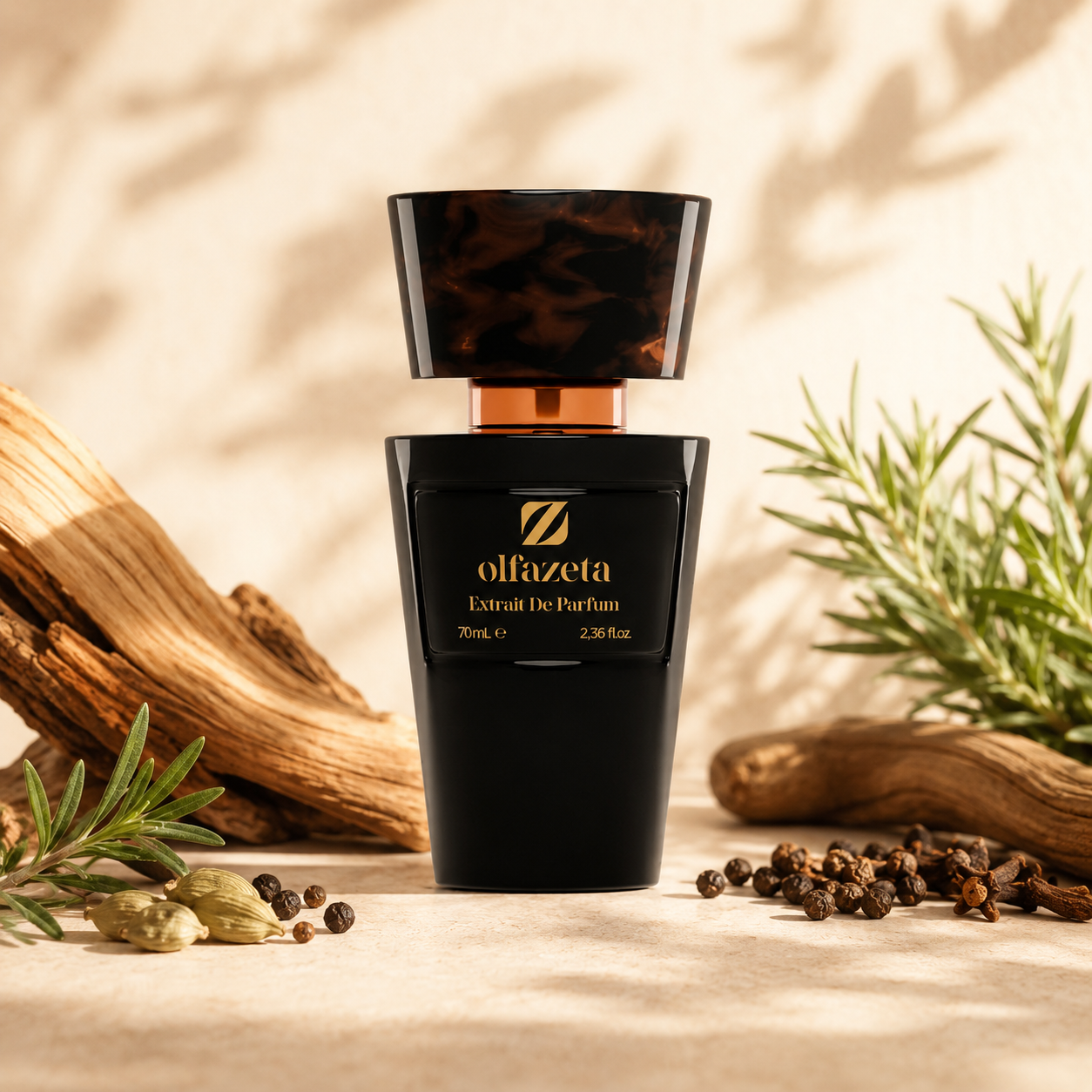 Olfazeta Parfüm No. 018 mit Holz, Rosmarin und Gewürzen in heller Produktinszenierung