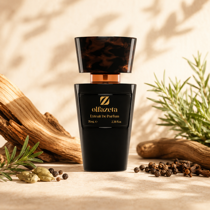 Olfazeta Parfüm No. 018 mit Holz, Rosmarin und Gewürzen in heller Produktinszenierung