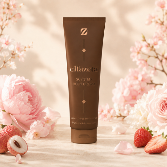 Olfazeta Körpercreme No. 019 mit Erdbeeren, Himbeeren und Blüten in heller Produktinszenierung
