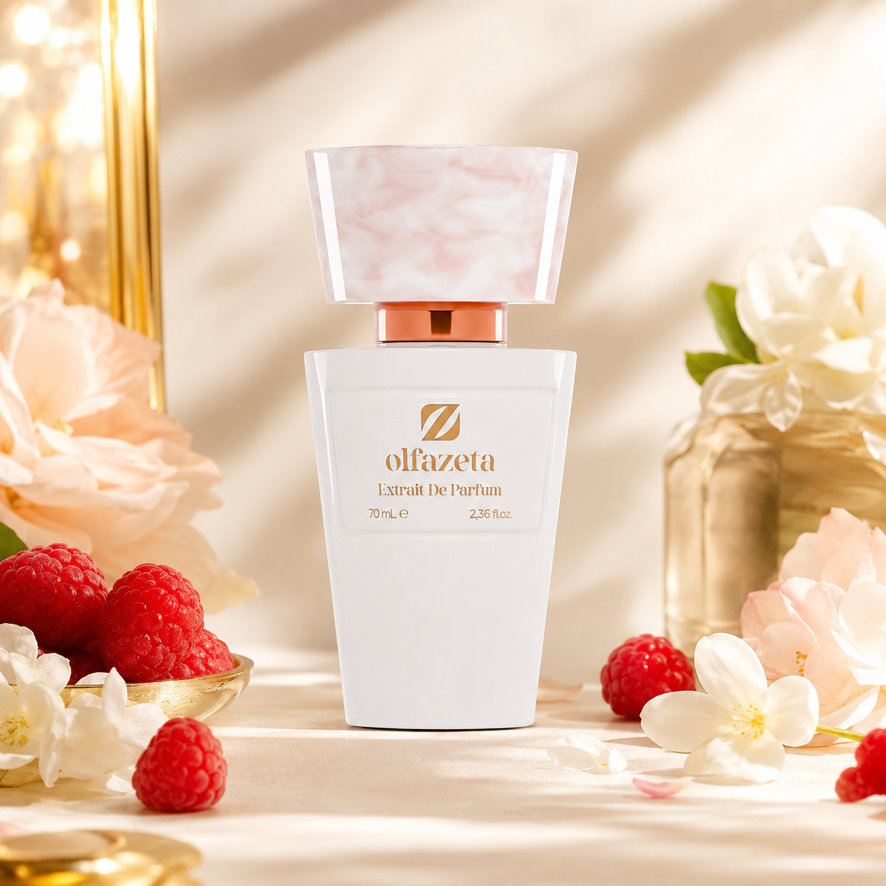 Olfazeta Parfüm No. 019 mit Erdbeeren, Himbeeren und Blüten in heller Produktinszenierung