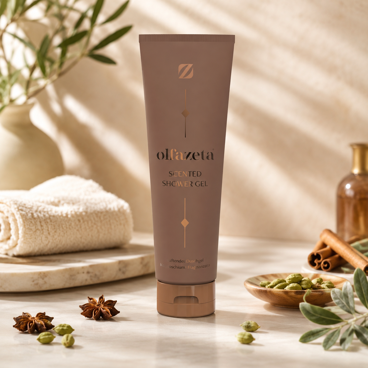 Olfazeta Duschgel No. 020 mit Zimt, Sternanis und Kräutern in heller Produktinszenierung