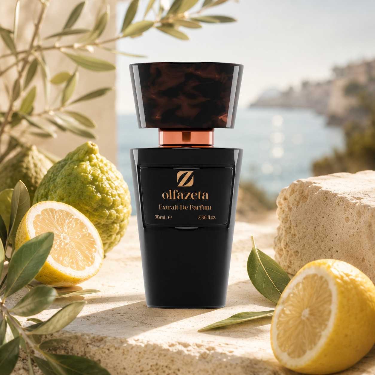 Olfazeta Parfüm No. 021 mit Zitrone, Limette und mediterranen Blättern in heller Produktinszenierung