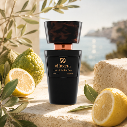 Olfazeta Parfüm No. 021 mit Zitrone, Limette und mediterranen Blättern in heller Produktinszenierung