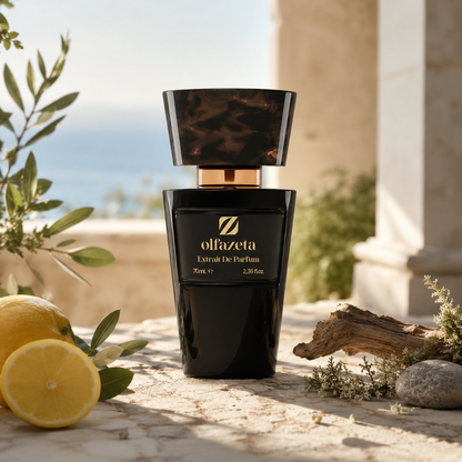 Olfazeta Parfüm No. 022 mit Zitrone, Treibholz und Meereskulisse in heller Produktinszenierung