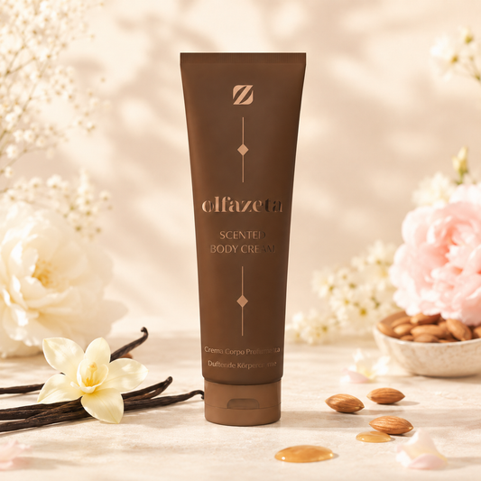 Olfazeta Körpercreme No. 023 mit Vanille und Mandeln in heller Produktinszenierung