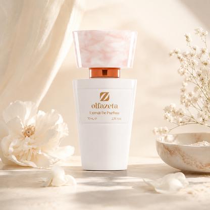 Olfazeta Parfüm No. 025 mit weißen Blüten und cremigen Akzenten in heller Produktinszenierung