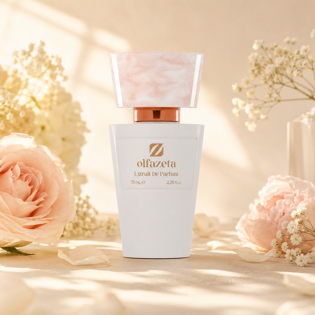 Olfazeta Parfüm No. 026 mit Rosen und hellen Blüten in heller Produktinszenierung