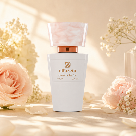 Olfazeta Parfüm No. 026 mit Rosen und hellen Blüten in heller Produktinszenierung