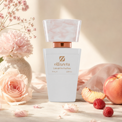 Olfazeta Parfüm No. 027 mit Pfirsich, Himbeeren und Rosen in heller Produktinszenierung