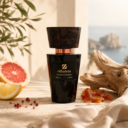 Olfazeta Parfüm No. 031 mit Grapefruit, Treibholz und Meereskulisse in heller Produktinszenierung