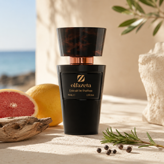 Olfazeta Parfüm No. 038 mit Grapefruit, Pfeffer und Meereskulisse in heller Produktinszenierung