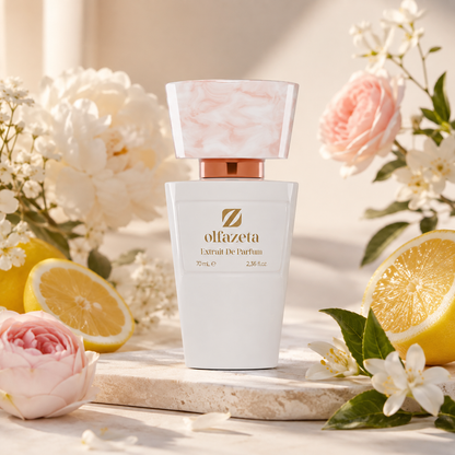 Olfazeta Parfüm No. 039 mit Zitrone und Rosen in heller Produktinszenierung
