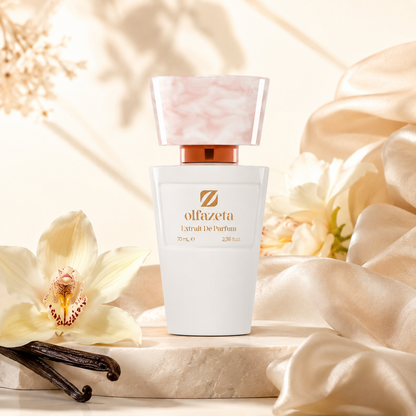 Olfazeta Parfüm No. 040 mit Vanille und hellen Blüten in heller Produktinszenierung