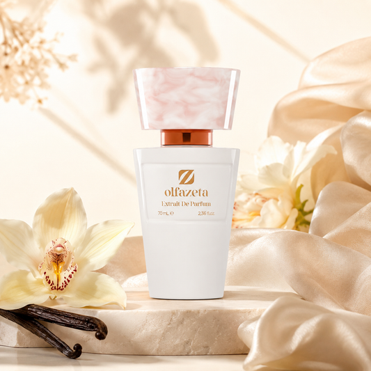 Olfazeta Parfüm No. 040 mit Vanille und hellen Blüten in heller Produktinszenierung