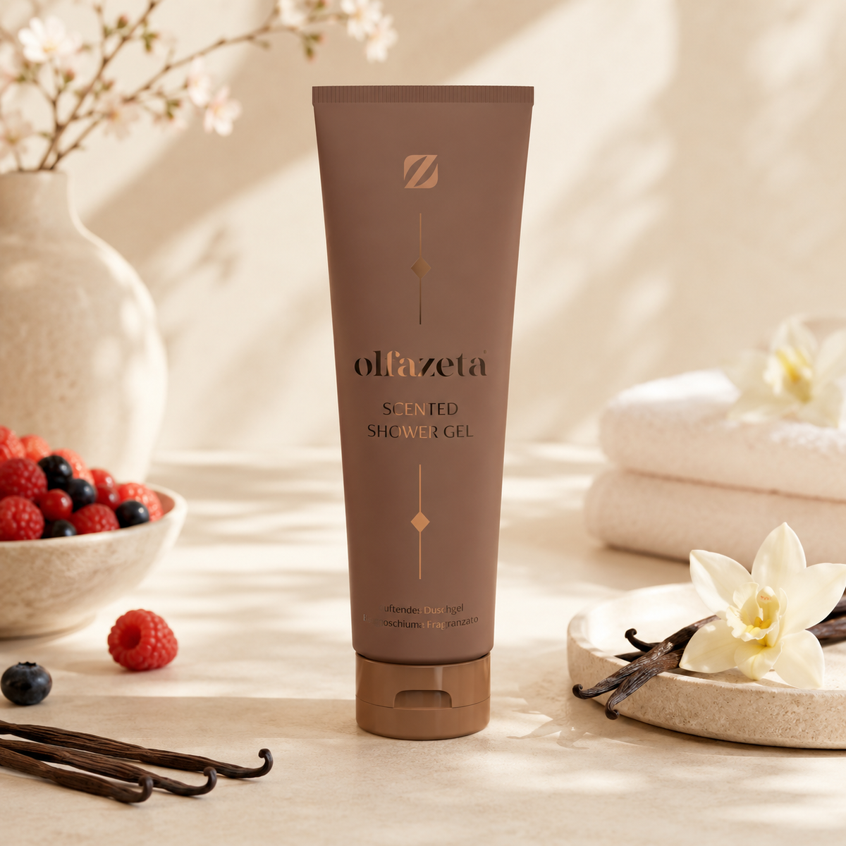 Olfazeta Duschgel No. 042 mit Birne, Beeren und Vanille in heller Produktinszenierung