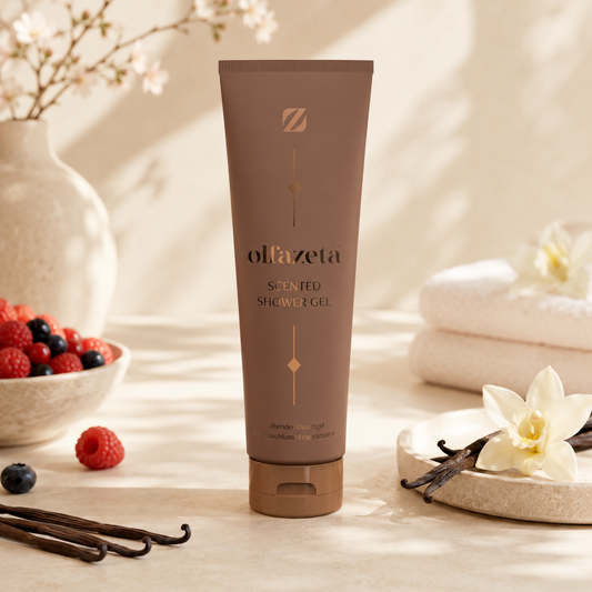Olfazeta Duschgel No. 042 mit Birne, Beeren und Vanille in heller Produktinszenierung