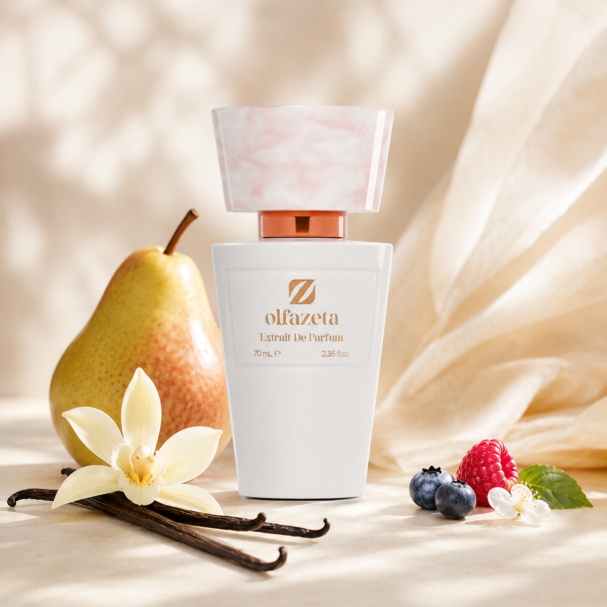 Olfazeta Parfüm No. 042 mit Birne, Beeren und Vanille in heller Produktinszenierung