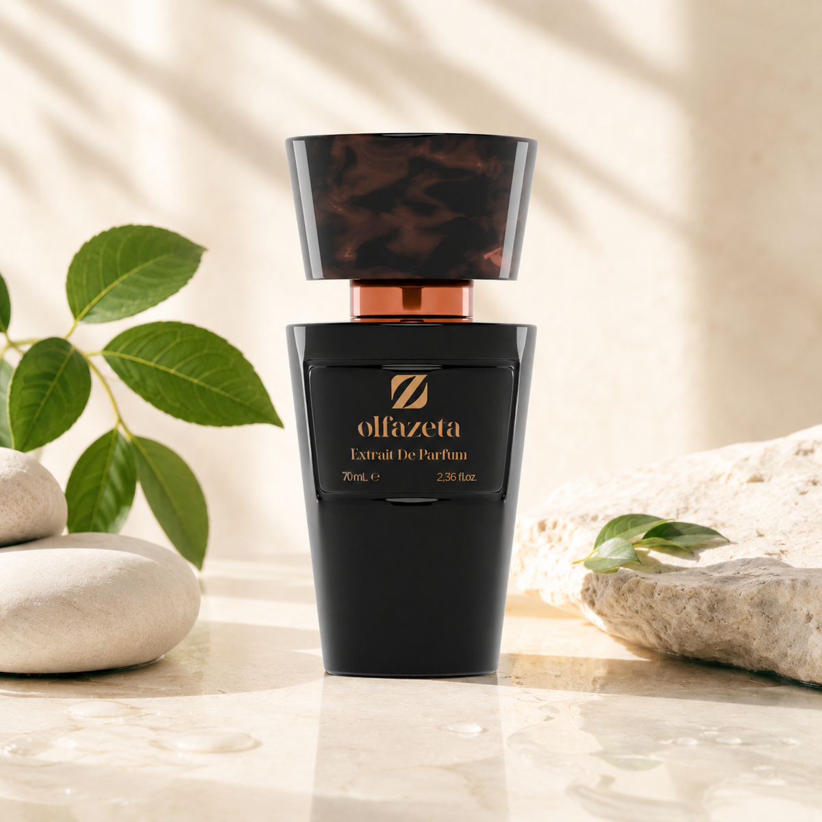 Olfazeta Parfüm No. 044 mit grünen Blättern, Wasser und hellen Steinen in heller Produktinszenierung