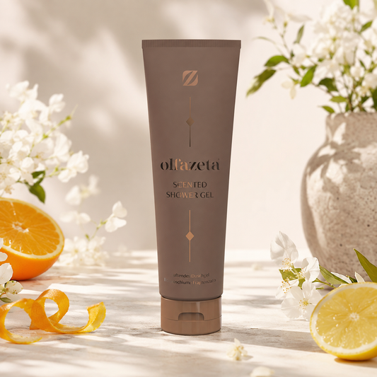 Olfazeta Duschgel No. 051 mit Zitrone, Limette und weißen Blüten in heller Produktinszenierung