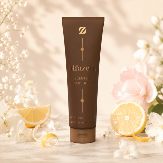 Olfazeta Körpercreme No. 051 mit Zitrone, Limette und weißen Blüten in heller Produktinszenierung