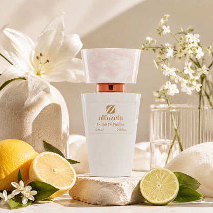 Olfazeta Parfüm No. 051 mit Zitrone, Limette und weißen Blüten in heller Produktinszenierung