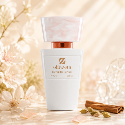 Olfazeta Parfüm No. 056 mit Zimt und hellen Blüten in heller Produktinszenierung