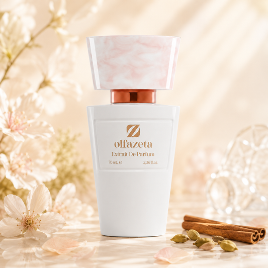 Olfazeta Parfüm No. 056 mit Zimt und hellen Blüten in heller Produktinszenierung