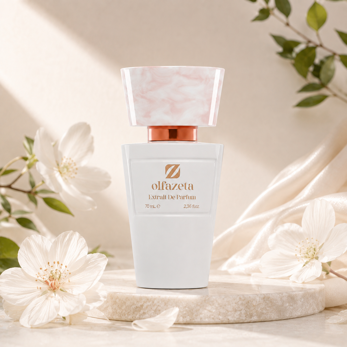 Olfazeta Parfüm No. 057 mit weißen Blüten und heller Seide in heller Produktinszenierung