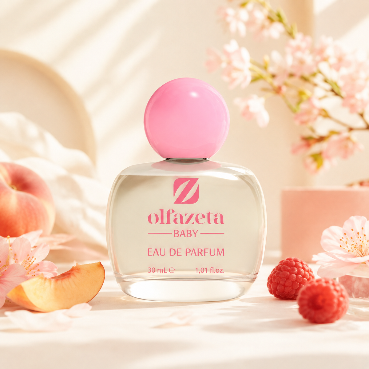 Olfazeta Parfüm No. 058 mit Pfirsich, Himbeeren und rosa Akzenten in heller Produktinszenierung