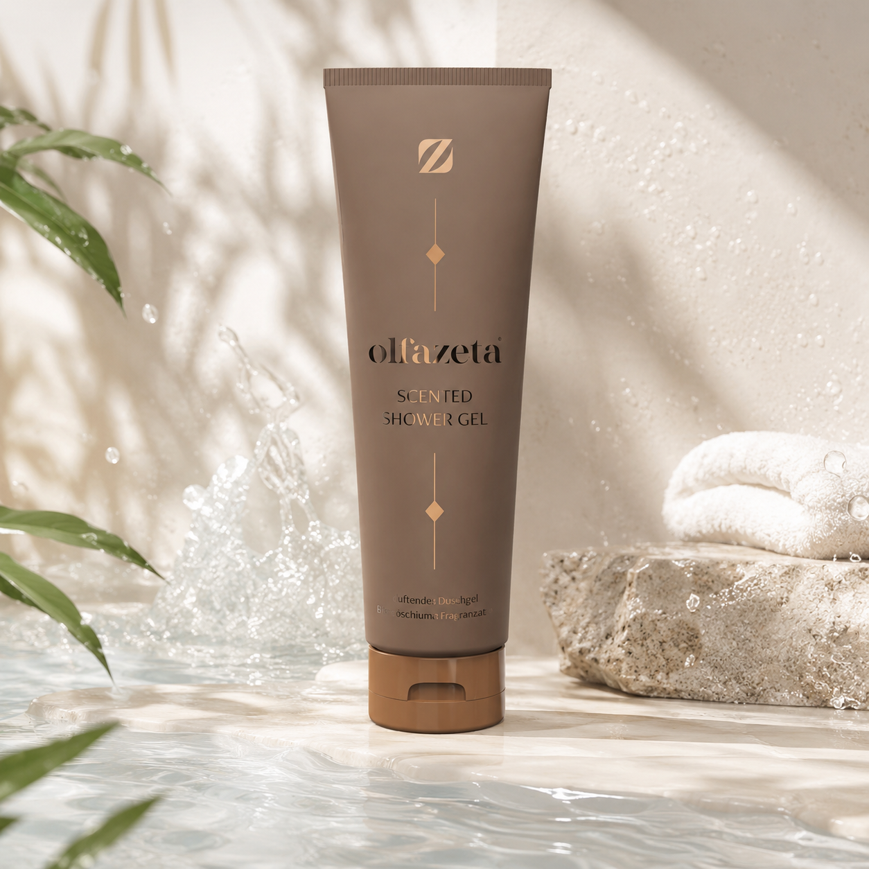 Olfazeta Duschgel No. 061 mit Zitrone, Wasser und grünen Blättern in heller Produktinszenierung